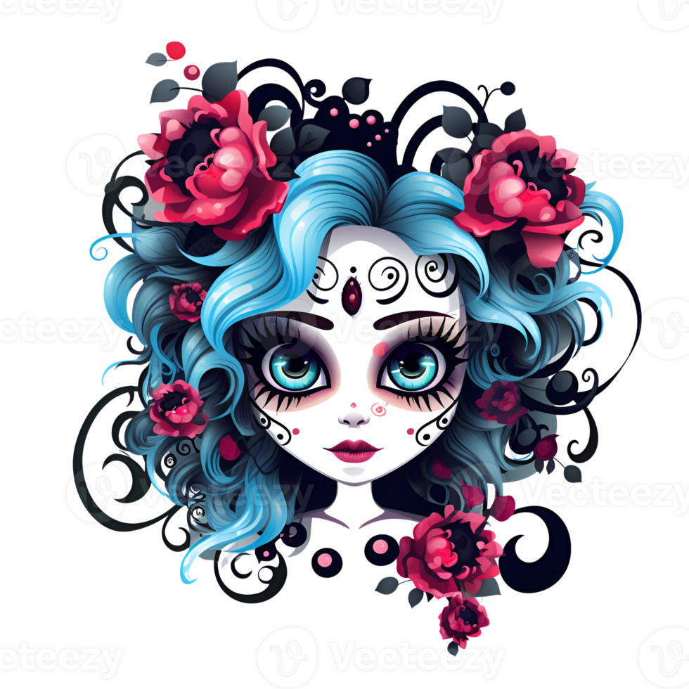 Artistic Cartoon Style Day of the Dead Style Girl Makeup Costume Candy Skull Makeup No Background Perfect for Print on Demand AI Generative png