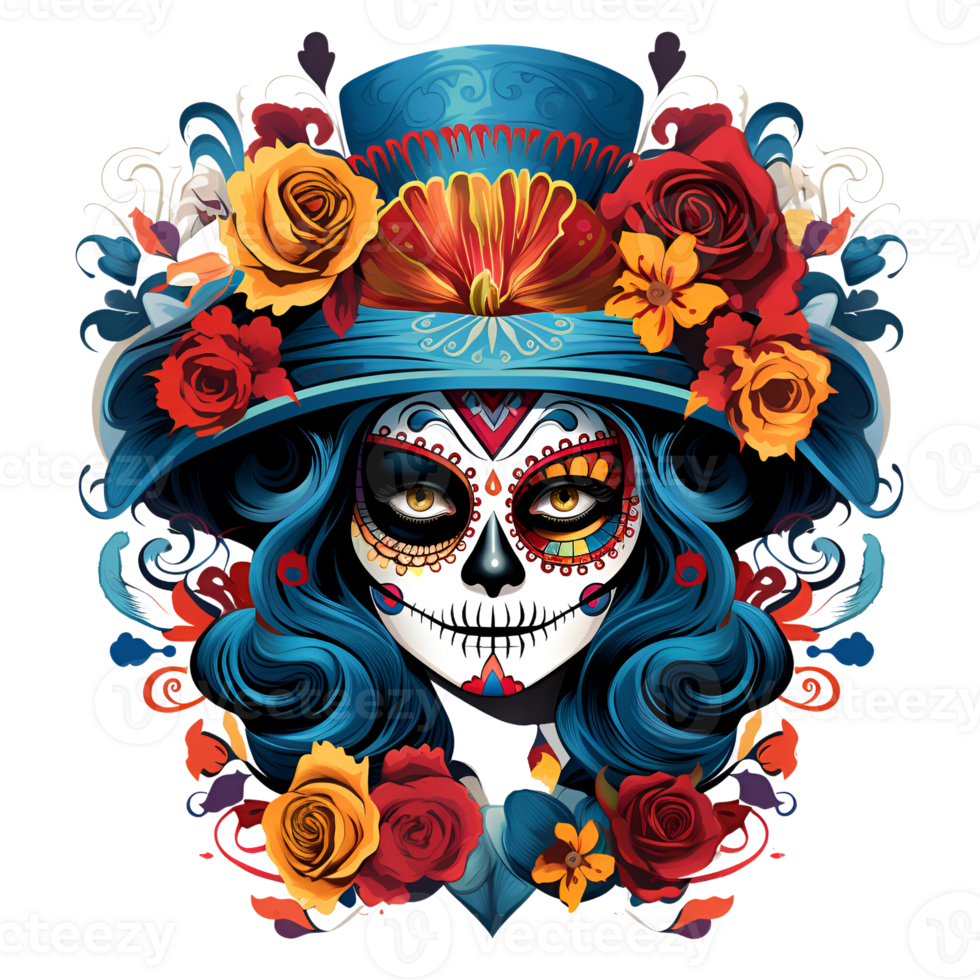 Artistic Cartoon Style Day of the Dead Style Girl Makeup Costume Candy Skull Makeup No Background Perfect for Print on Demand AI Generative png