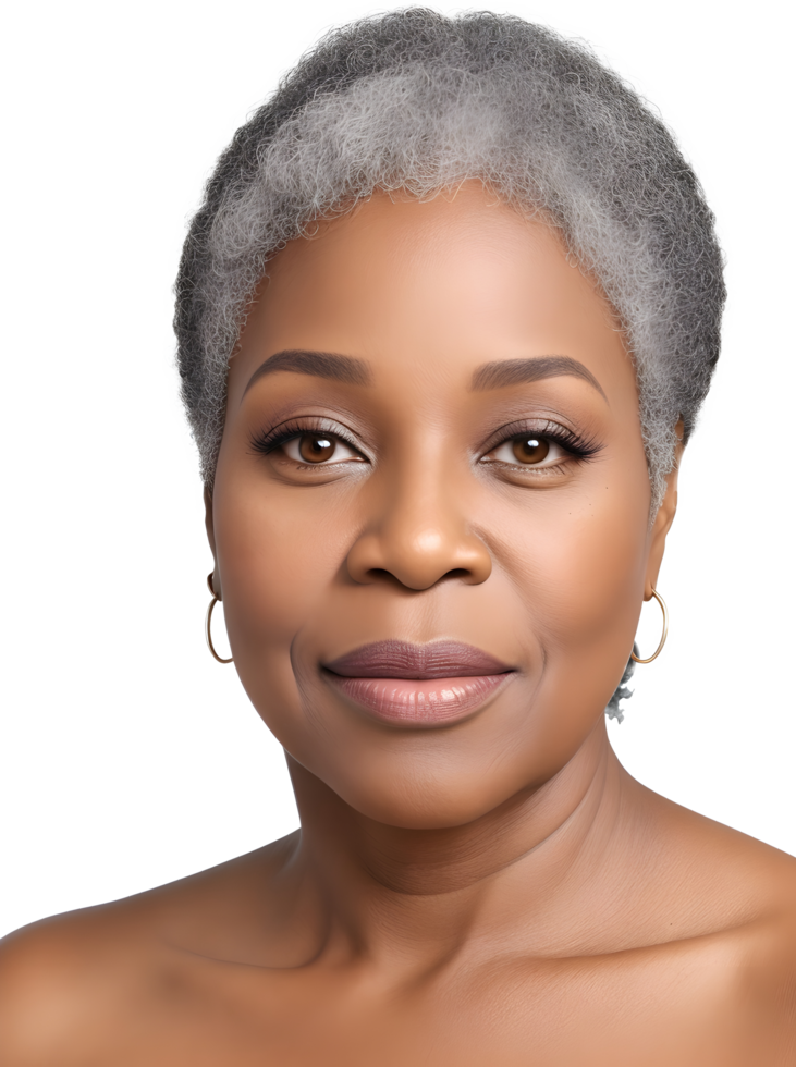 close-up portrait of a senior old black African American woman with grey hair on transparent. AI Generated png