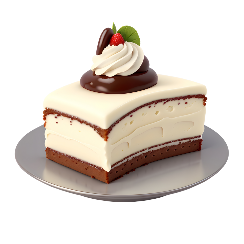 Triangular piece of dark and white chocolate cake with vanilla cream and strawberry topping on transparent. AI Generated png