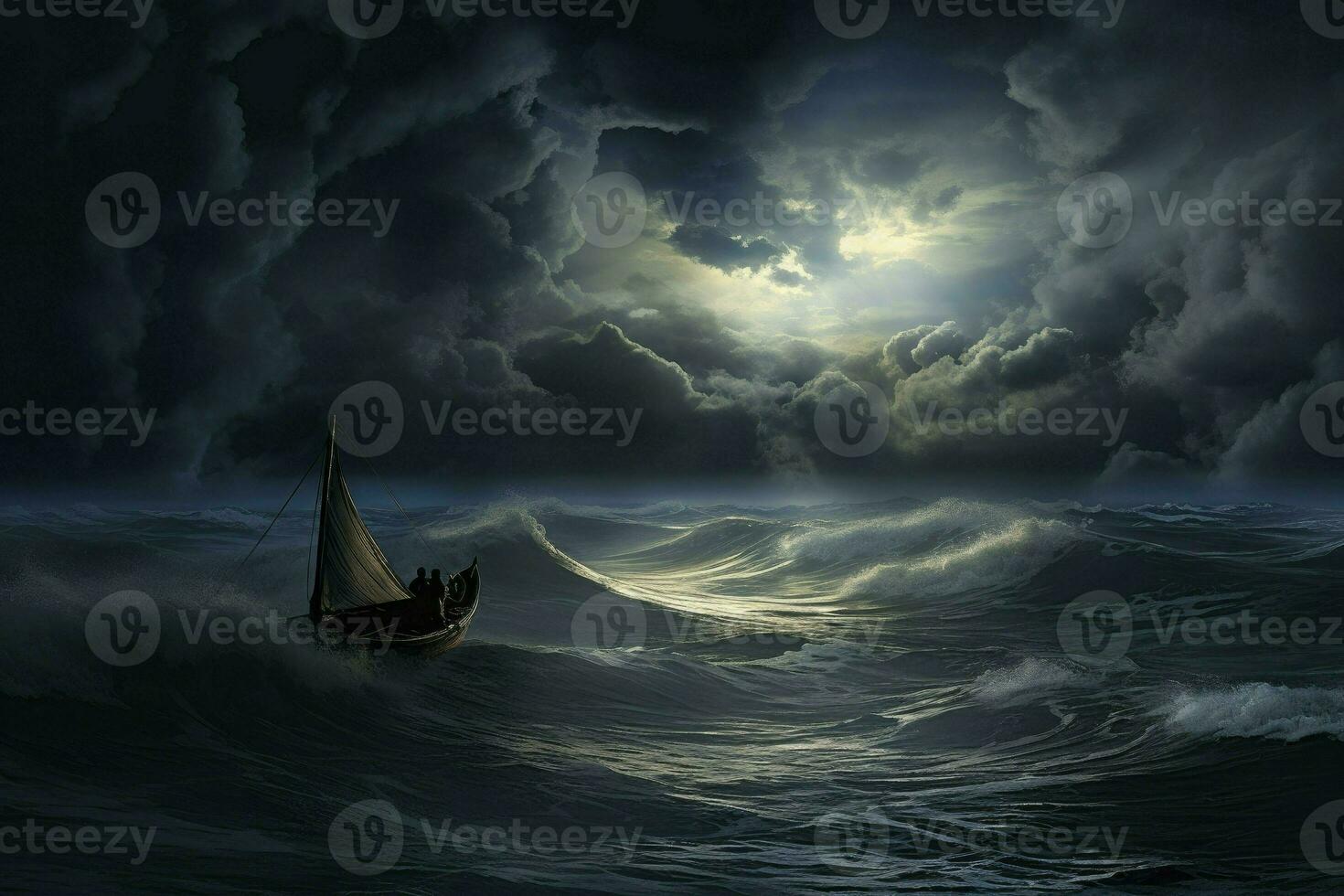 Lonely boat in the middle of a raging storm. 3d illustration, AI Generated photo