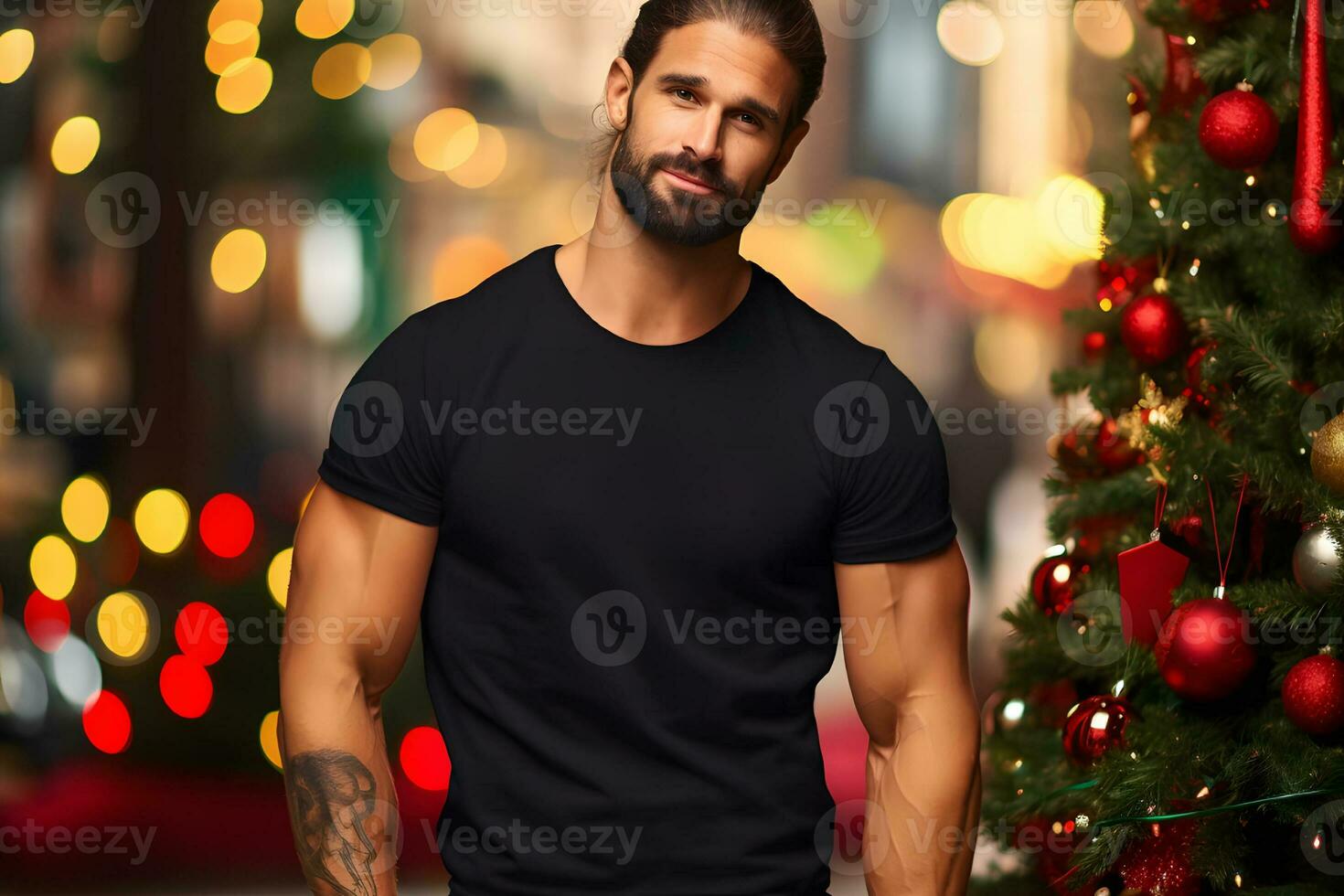Man wearing blank Black T-shirt Christmas Black shirt mockup , Created With Generative AI Technology photo