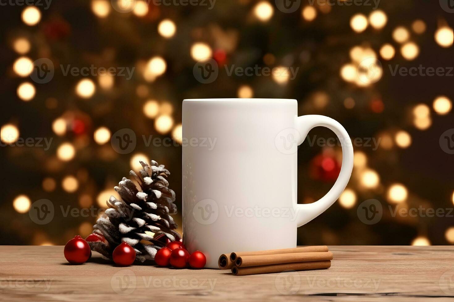Coffee mug mockup with red Christmas decorations, Christmas White Mug Mockup, Created With Generative AI Technology photo