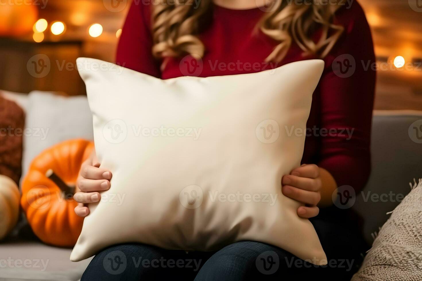 Fall Throw pillow cushion product mockup, Fall White Pillow Mockup, Created With Generative AI Technology photo