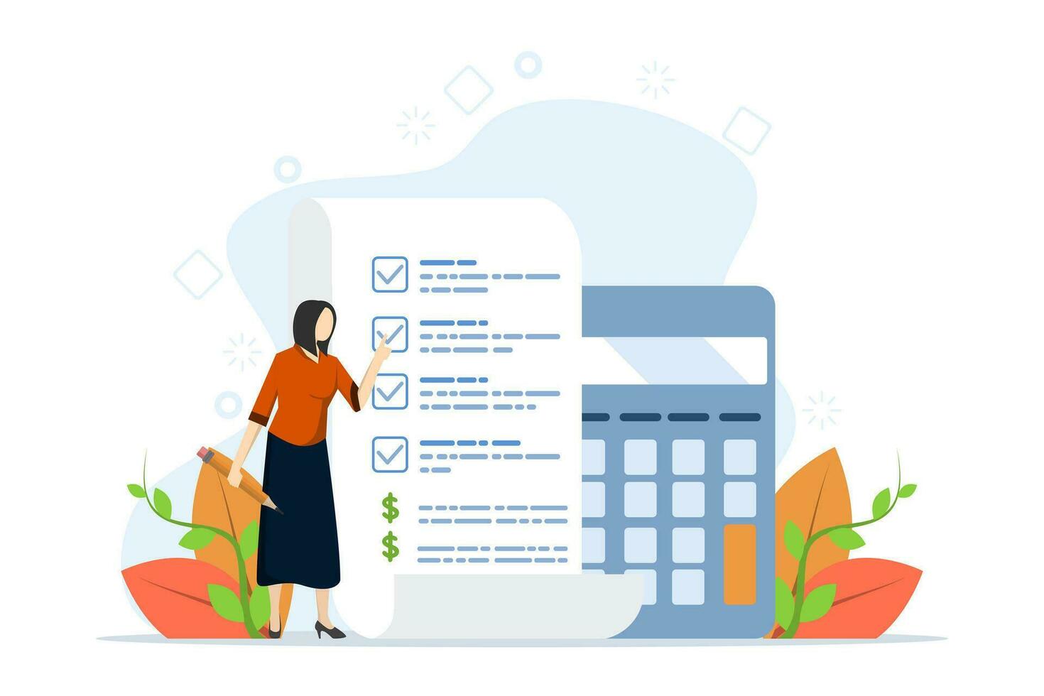 Project cost estimation concept, calculating budget or resources to complete work, financial plan, invoice or tax, expenses or loans, businesswoman with cost estimate calculator from project documents vector