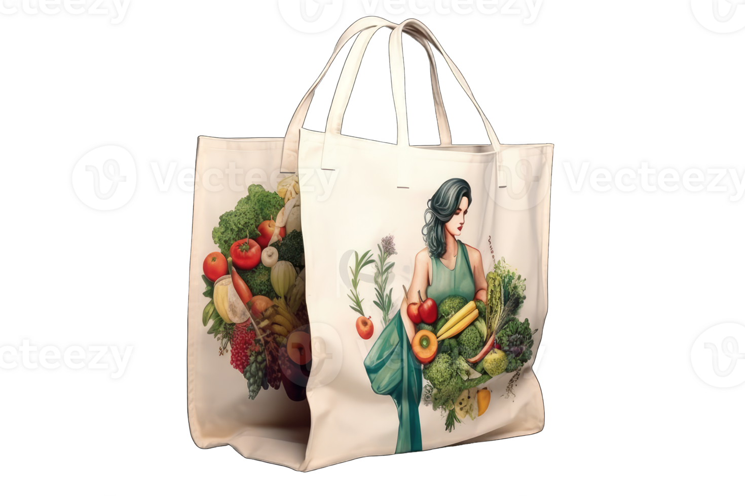 Reusable Canvas tote Cloth Shopping bag mockup of fabric with handle. Template of white cotton with colorful picture eco bag. 3d illustration, AI Generated png