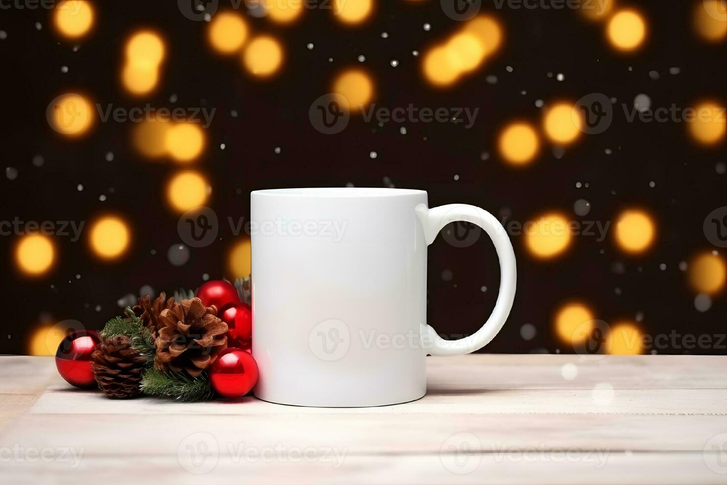 Coffee mug mockup with red Christmas decorations, Christmas White Mug Mockup, Created With Generative AI Technology photo