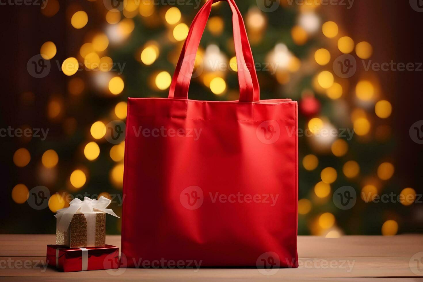 Christmas Tote Bag product mockup, Christmas Red Tote Bag Mockup, Created With Generative AI Technology photo