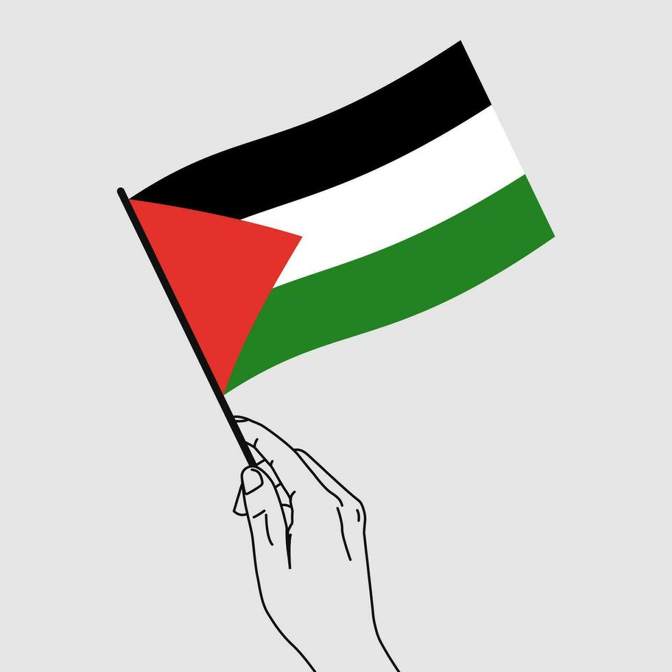 Hand holding Palestine flag with line art style. Ukraine Flag. Vector hand drawn illustration