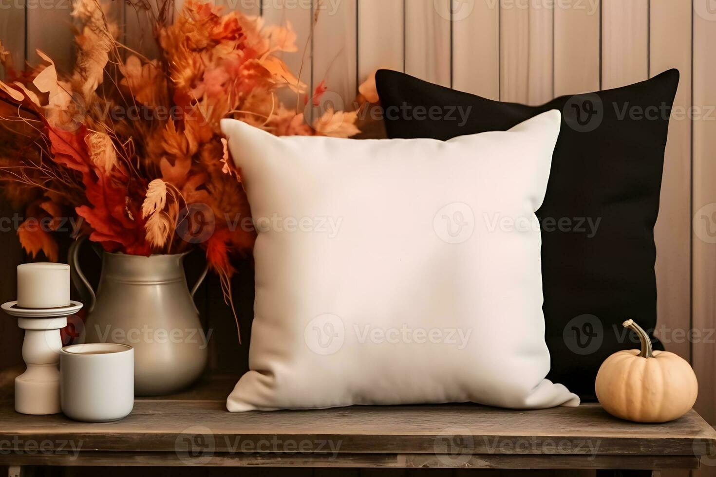 Fall Throw pillow cushion product mockup, Fall White Pillow Mockup, Created With Generative AI Technology photo