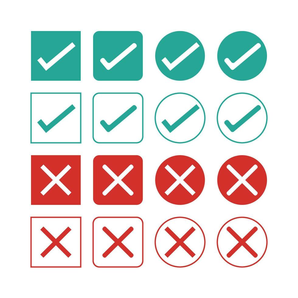 green check marks and red crosses. Circle and square, hard and rounded corners. Set of flat buttons icon. correct and wrong icon. vector