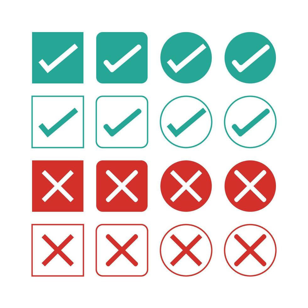 verde cheque marcas y rojo cruces circulo y cuadrado, difícil y redondeado esquinas conjunto de plano botones icono. correcto y incorrecto icono. vector