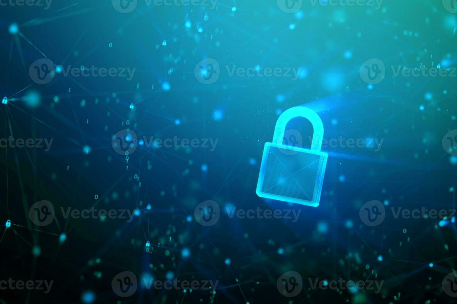 3D Padlock with connection line, with lighting shallow depth of field and glitter effect, against 0 1 binary digital number abstract background photo