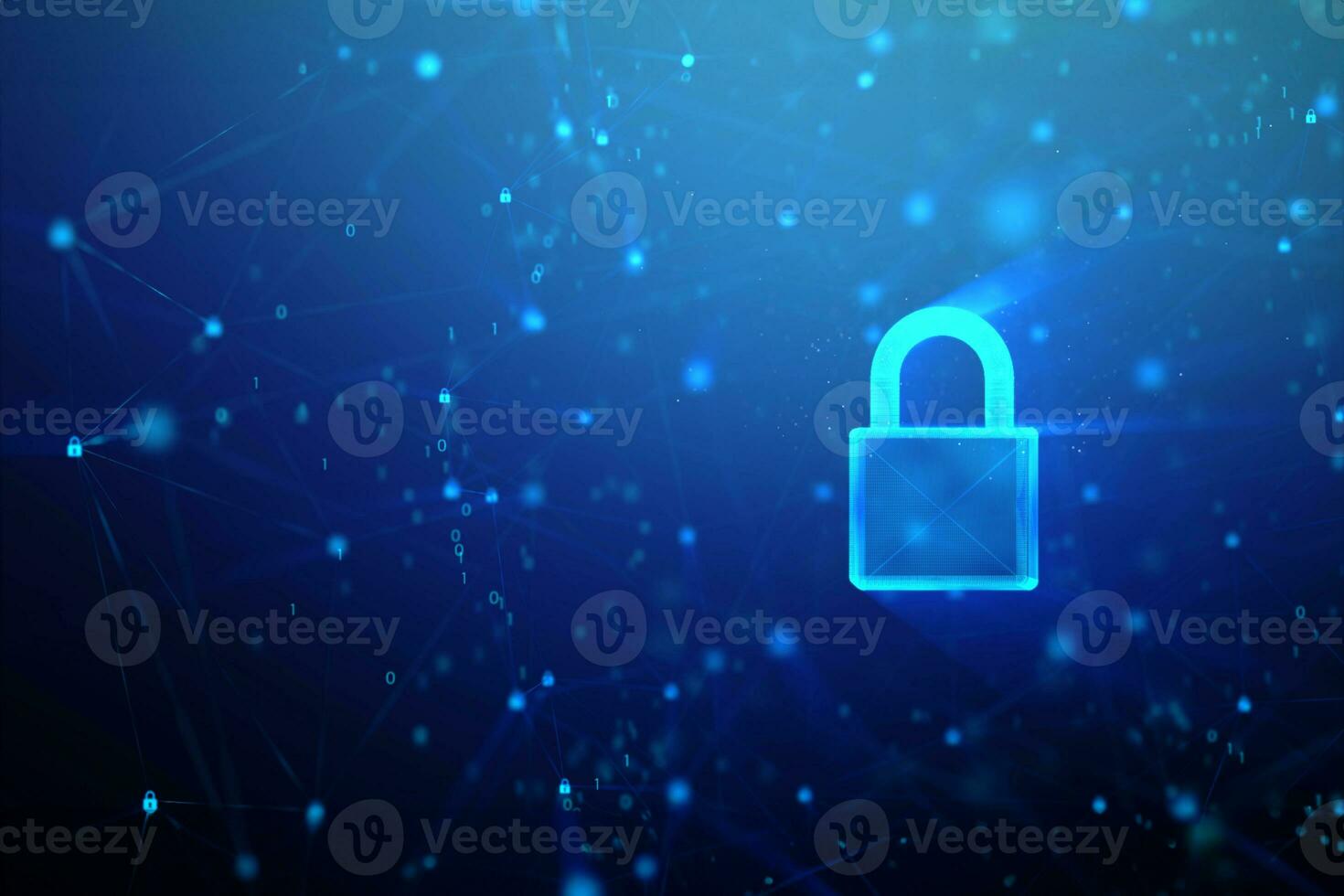 3D Padlock with connection line, with lighting shallow depth of field and glitter effect, against 0 1 binary digital number abstract background photo