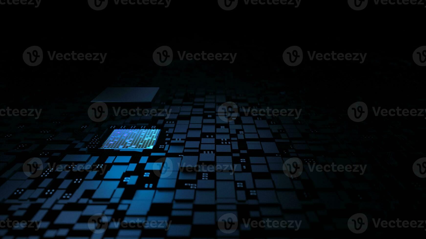Microprocessor chipset central processor unit on the illumination circuit computer mainboard. Cyber and futuristic concept, hardware, AI, electronics and technology, with copy space photo