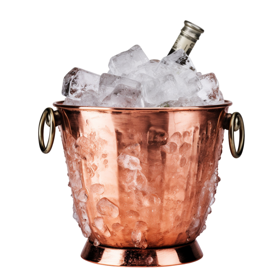 Metal champagne bucket full with ice isolated png ai generative