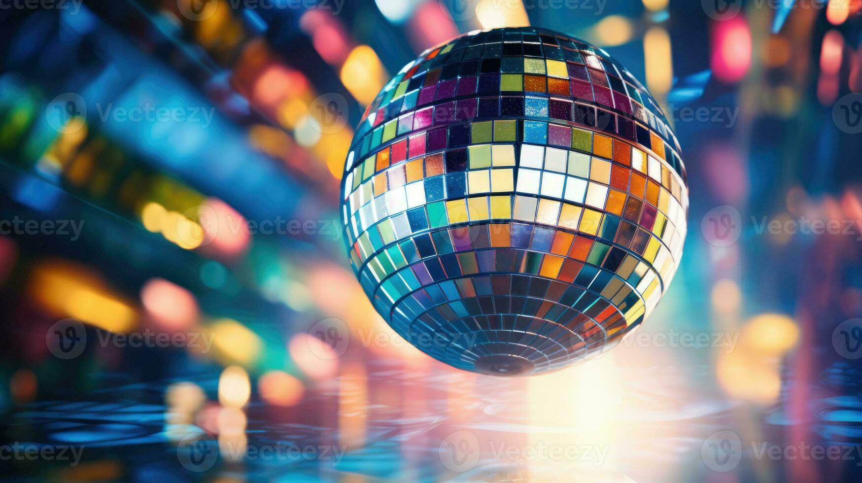 Colorful disco mirror ball lights night club background. Party lights