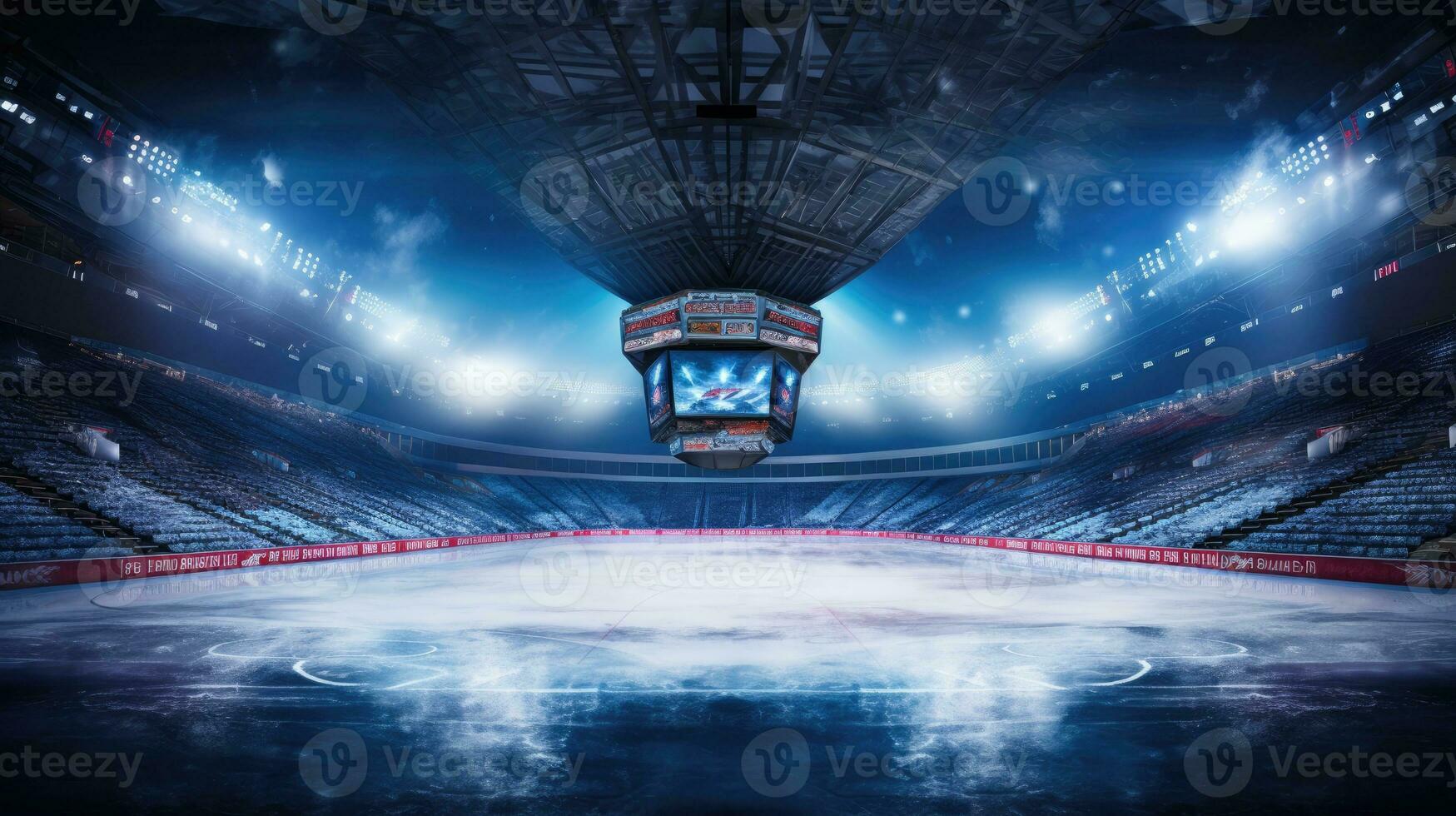 Hockey ice rink sport arena empty field. Empty hockey stadium in the spotlight photo