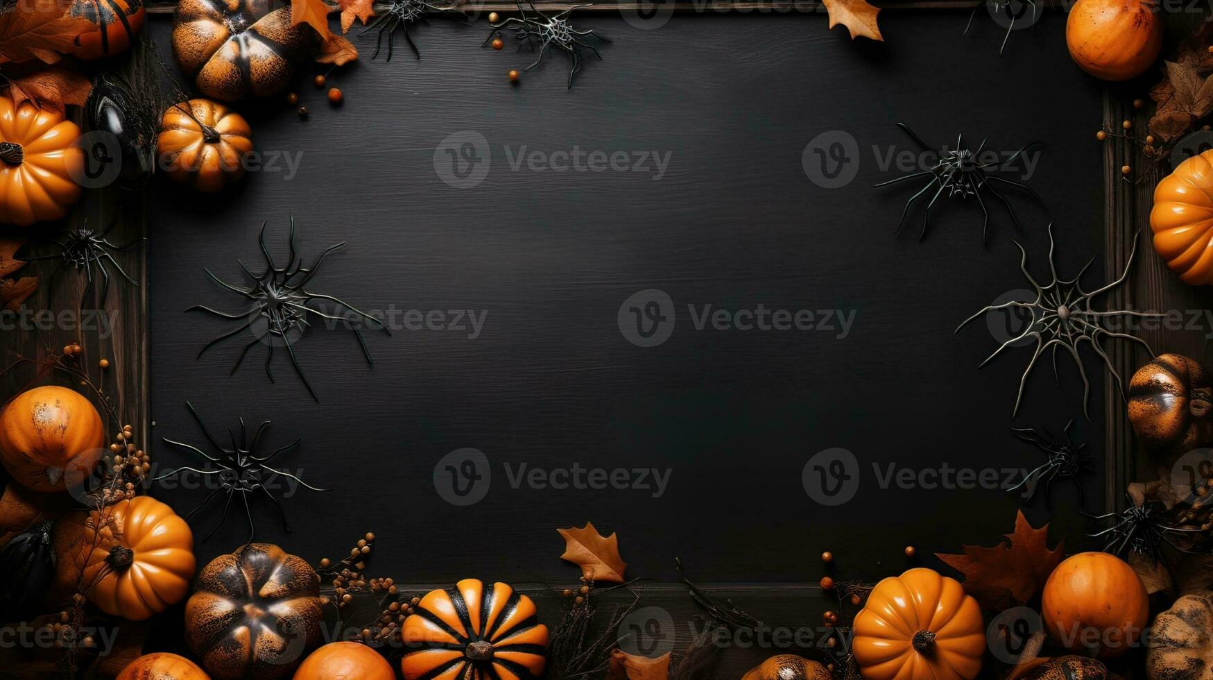 Happy halloween flat lay mockup with spiders, decoration and spider on black background. Autumn holiday concept composition. Top view with copy space. AI Generated photo