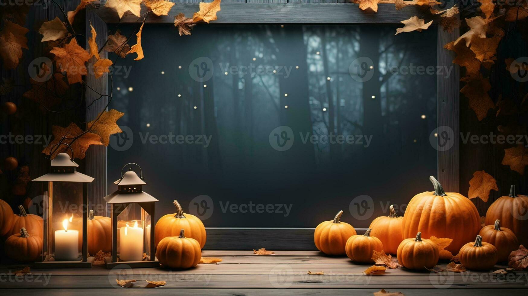 Halloween welcome signboard mockup with pumpkins, lantern and fallen leaves. Black board with autumn holiday decoration with copy space. AI Generated photo