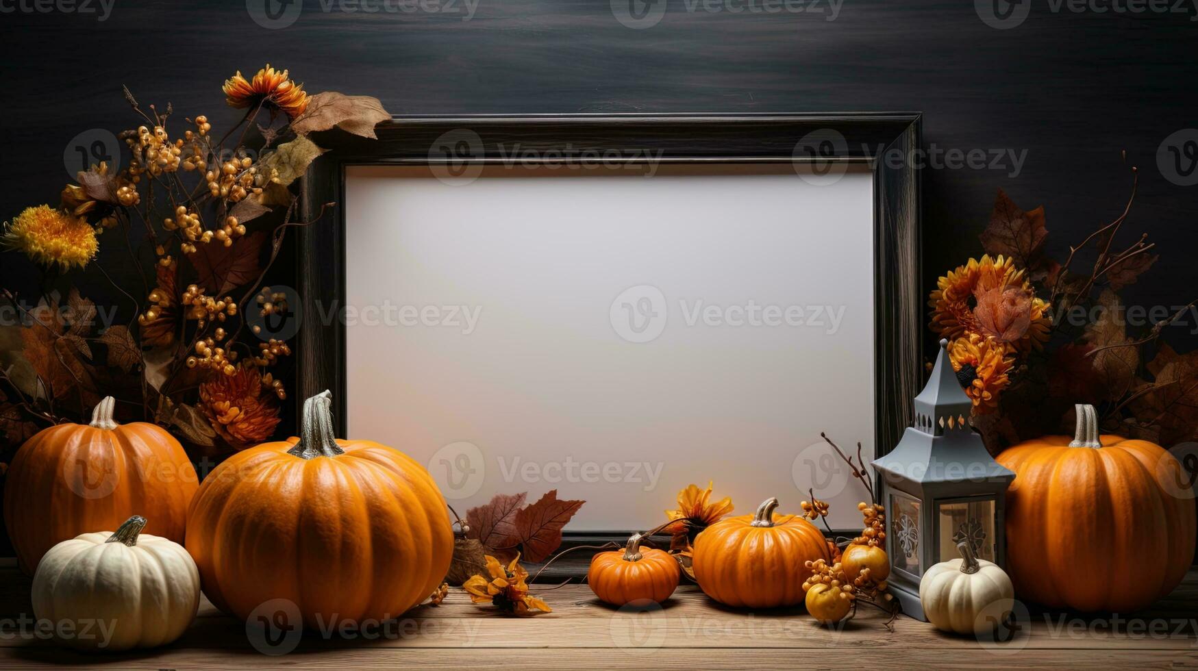 Halloween welcome signboard mockup with pumpkins, lantern and fallen leaves. Black board with autumn holiday decoration with copy space. AI Generated photo