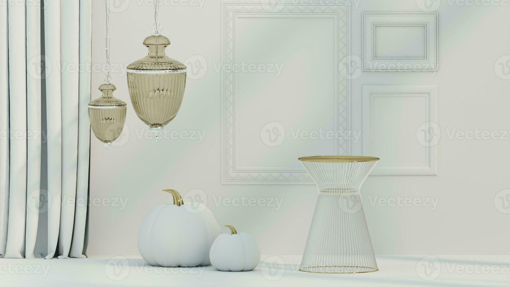 Minimal modern product display on white background.Vintage chairs,  Pumpkin and dry tree. Concept scene stage showcase for product. Frame on the wall. 3d render photo