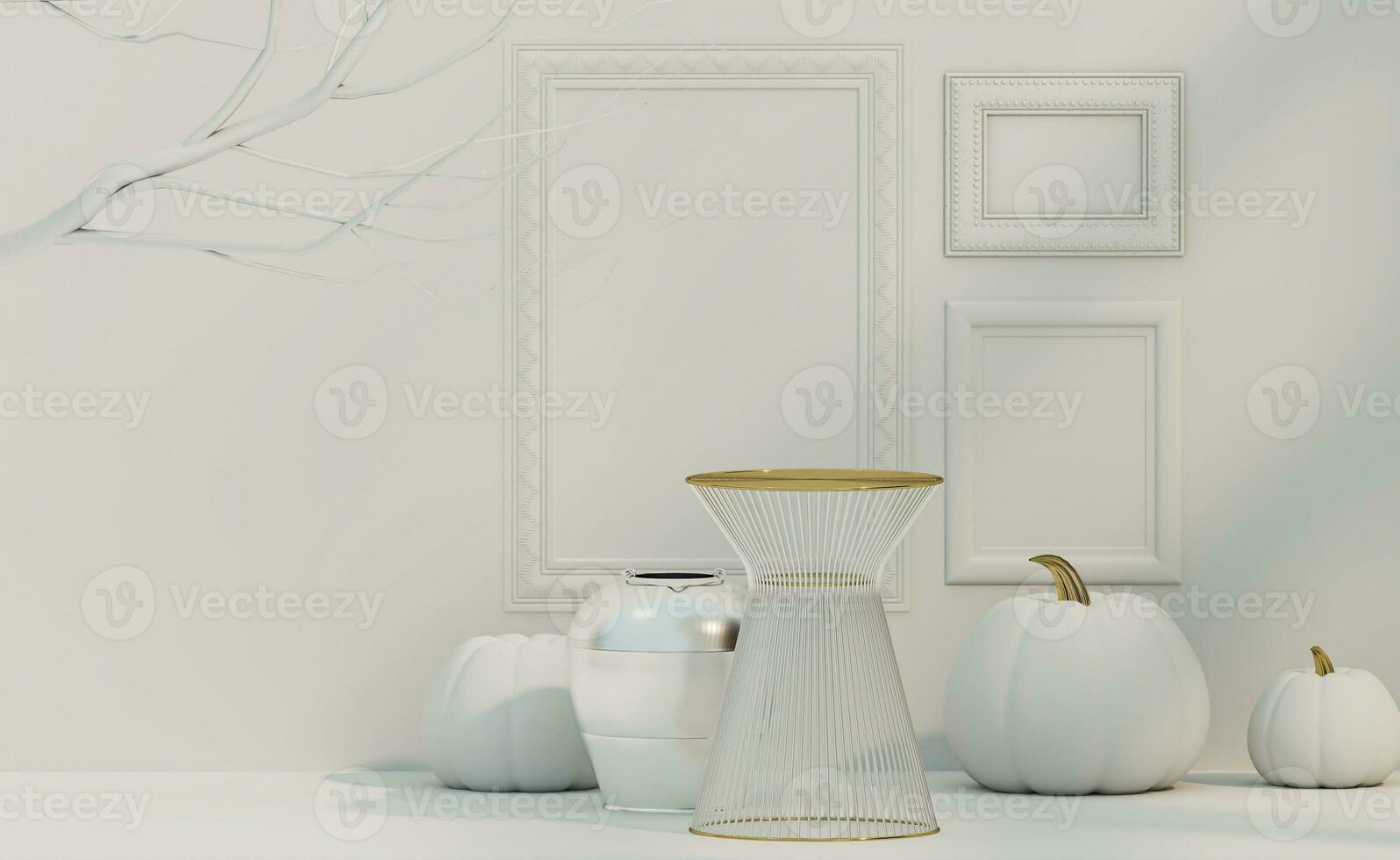Minimal modern product display on white background. White pumpkin and white dry tree. Concept scene stage showcase for product. Frame on the wall. 3d render photo