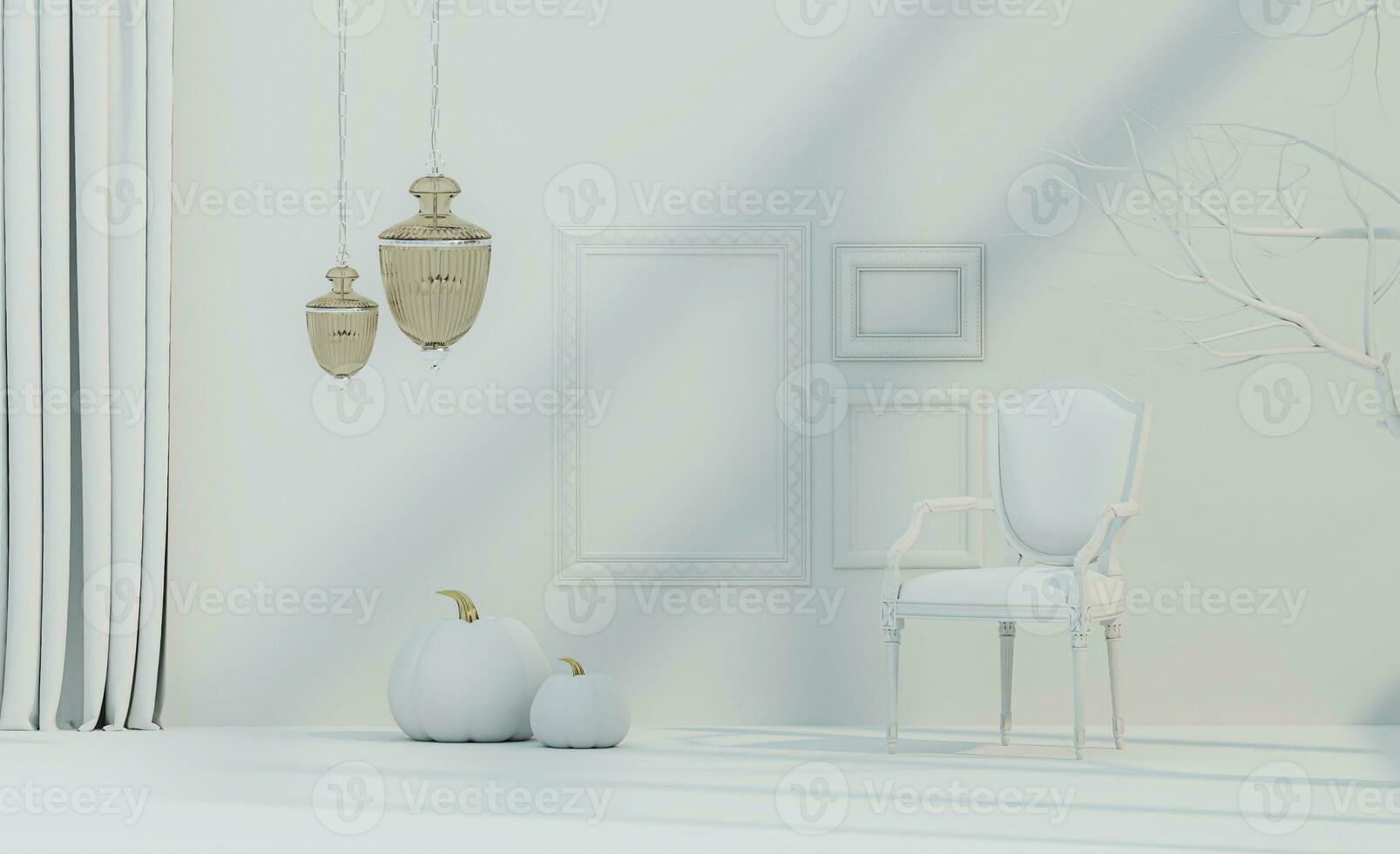 Minimal modern product display on white background.Vintage chairs,  Pumpkin and dry tree. Concept scene stage showcase for product. Frame on the wall. 3d render photo