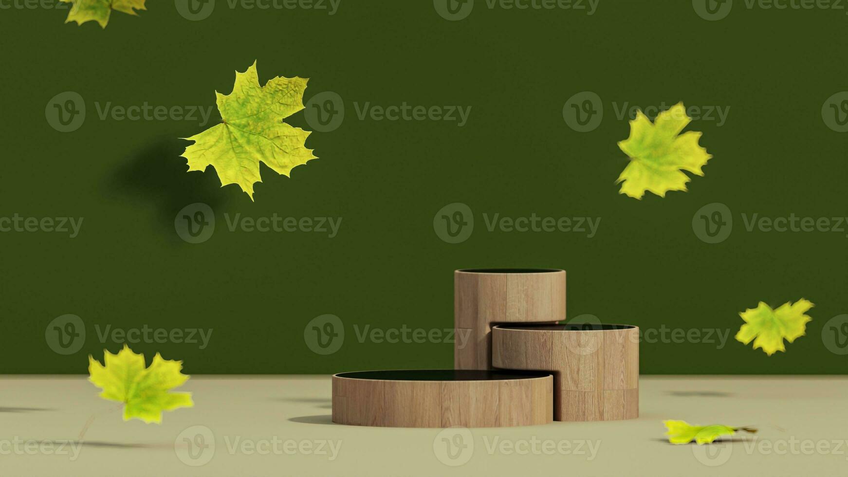 3D background, wood podium display. Natural dry autumn leaf falling. Green backdrop with leaves shadow. Fall product promotion Beauty cosmetic, yellow wooden stand. Studio Minimal, template 3D render photo