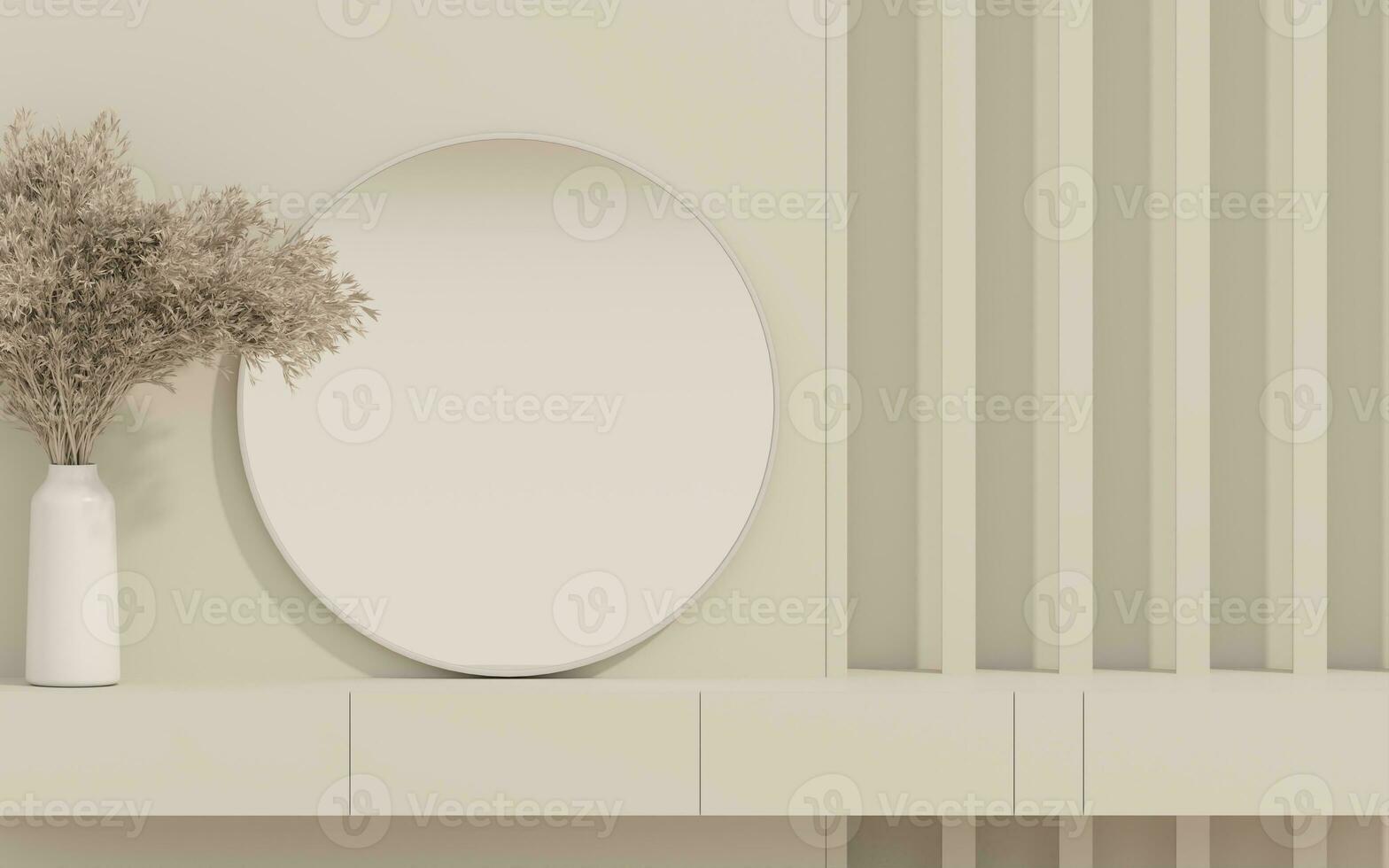 3D render close up blank empty space on modern beige dressing table with round mirror, decor dried pampas grass, aroma fragrance sticks in luxury container. Beauty products display. photo