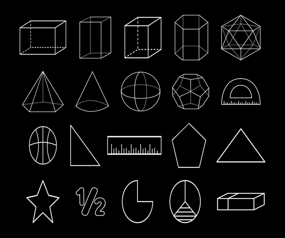 vector geométrico formas, cubo, cono, pentagonal pirámide, cilindro, cono, octaedro, hexagonal prisma, dodecaedro formas