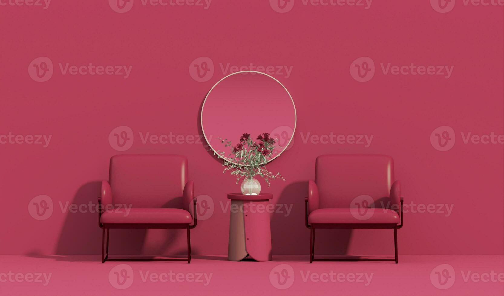 Viva magenta is a trend colour year 2023 in the living room. Interior of the room in plain monochrome dark pink color with furnitures and armchair, flower vase, lamp, mirror. 3d render photo