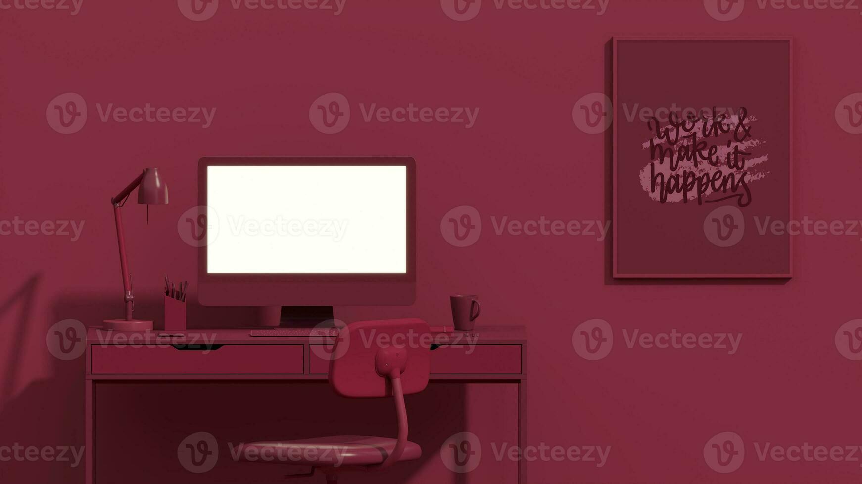 Viva magenta is a trend colour year 2023 in the office. Business teamwork concept. Employee working on computer. There are desktops on the tables.Creative interior design. photo