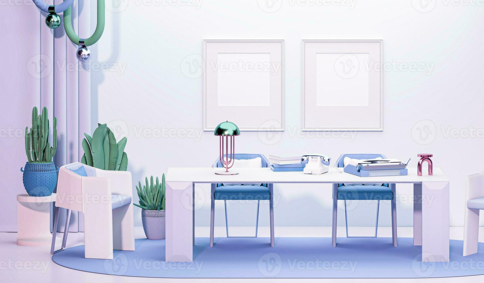 Interior design of pastel purple living room with big table, frame picture on wall , interior concept of memphis design, Concept of minimalist design. Creative idea. Mockup. 3d rendering photo