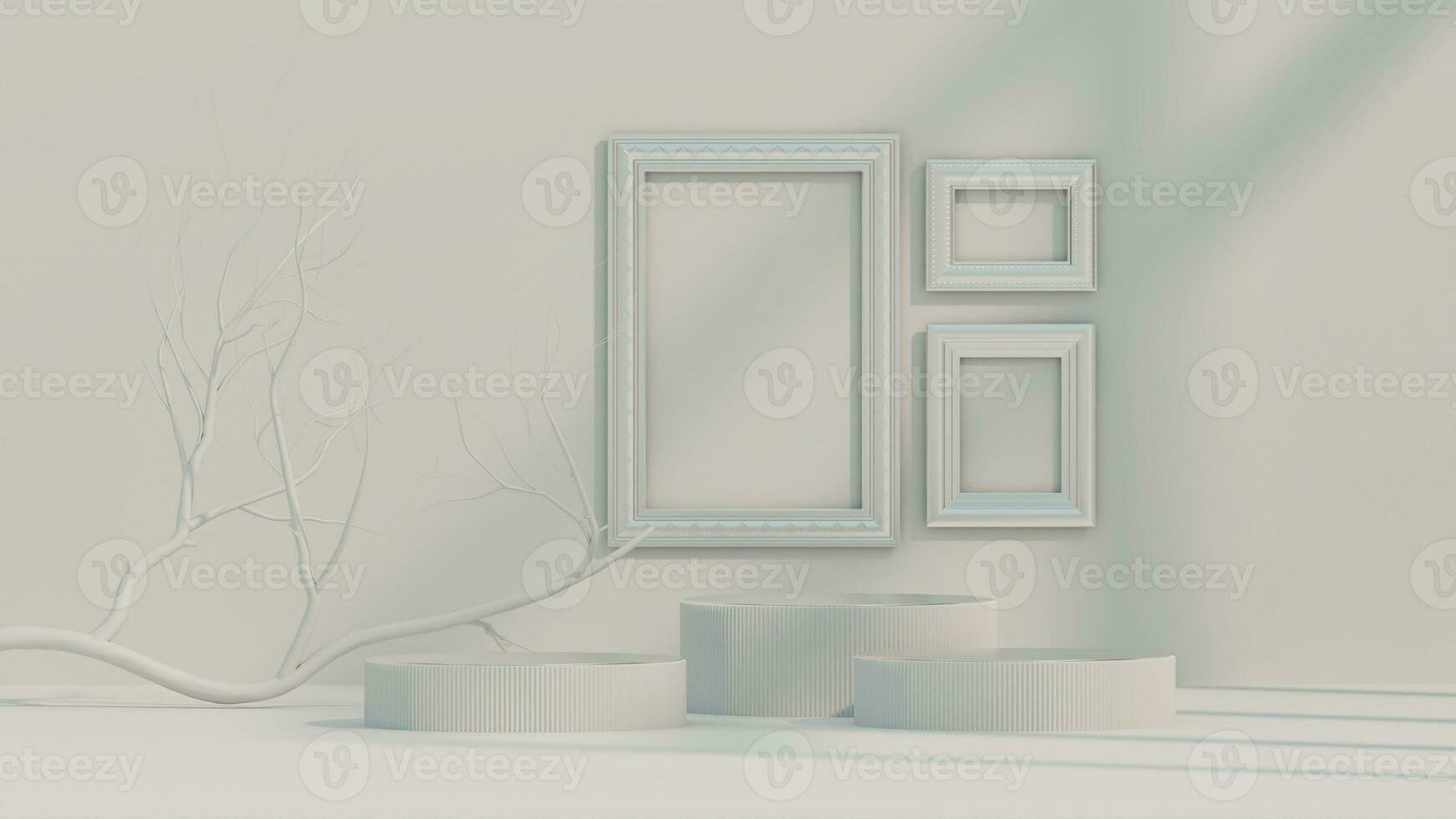 3d minimal white display podium with white dry tree, vintage frame against white background. 3d rendering of realistic presentation for product advertising. minimal illustration. photo