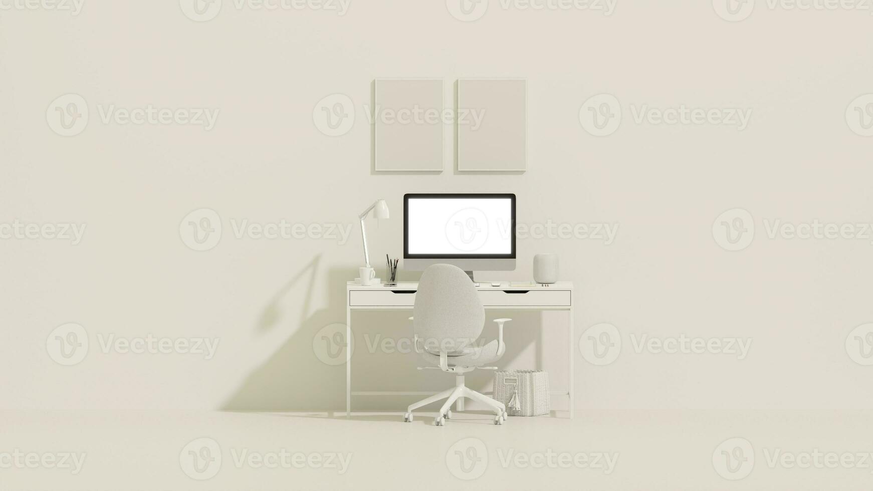 White and beige monochrome minimal office table desk. Minimal idea concept for study desk and workspace, frame photo. Mockup template, photo