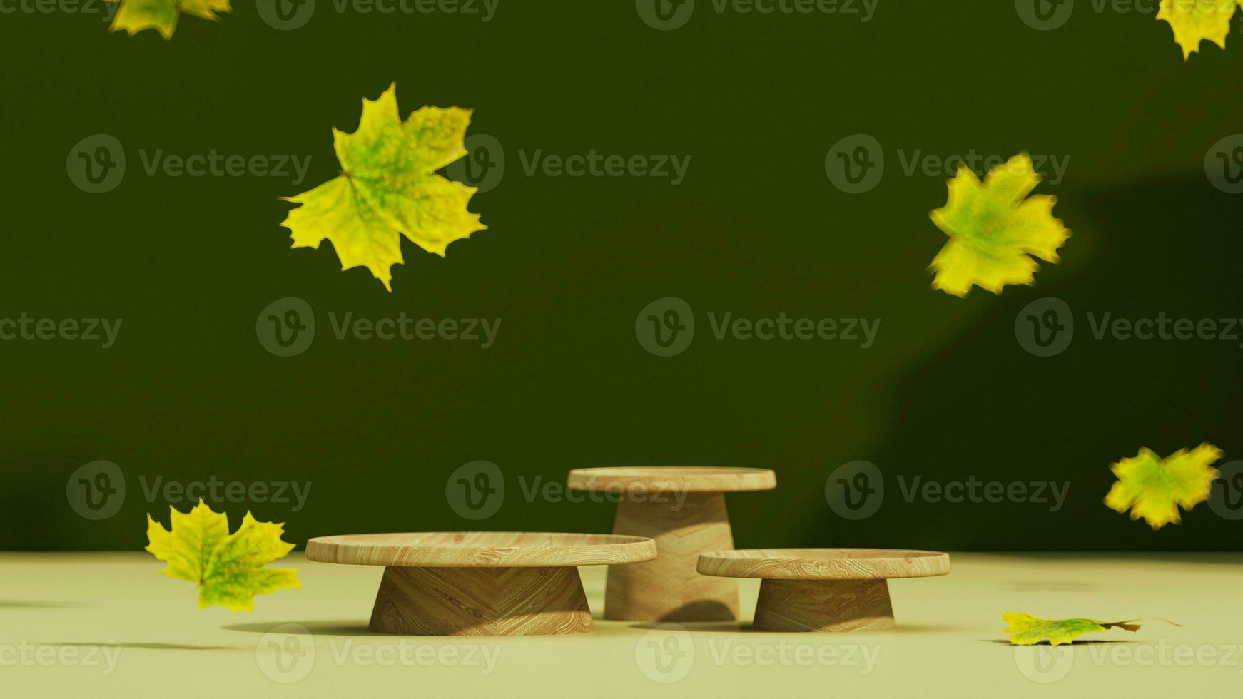 3D background, wood podium display. Natural dry autumn leaf falling. Green backdrop with leaves shadow. Fall product promotion Beauty cosmetic, yellow wooden stand. Studio Minimal, template 3D render photo