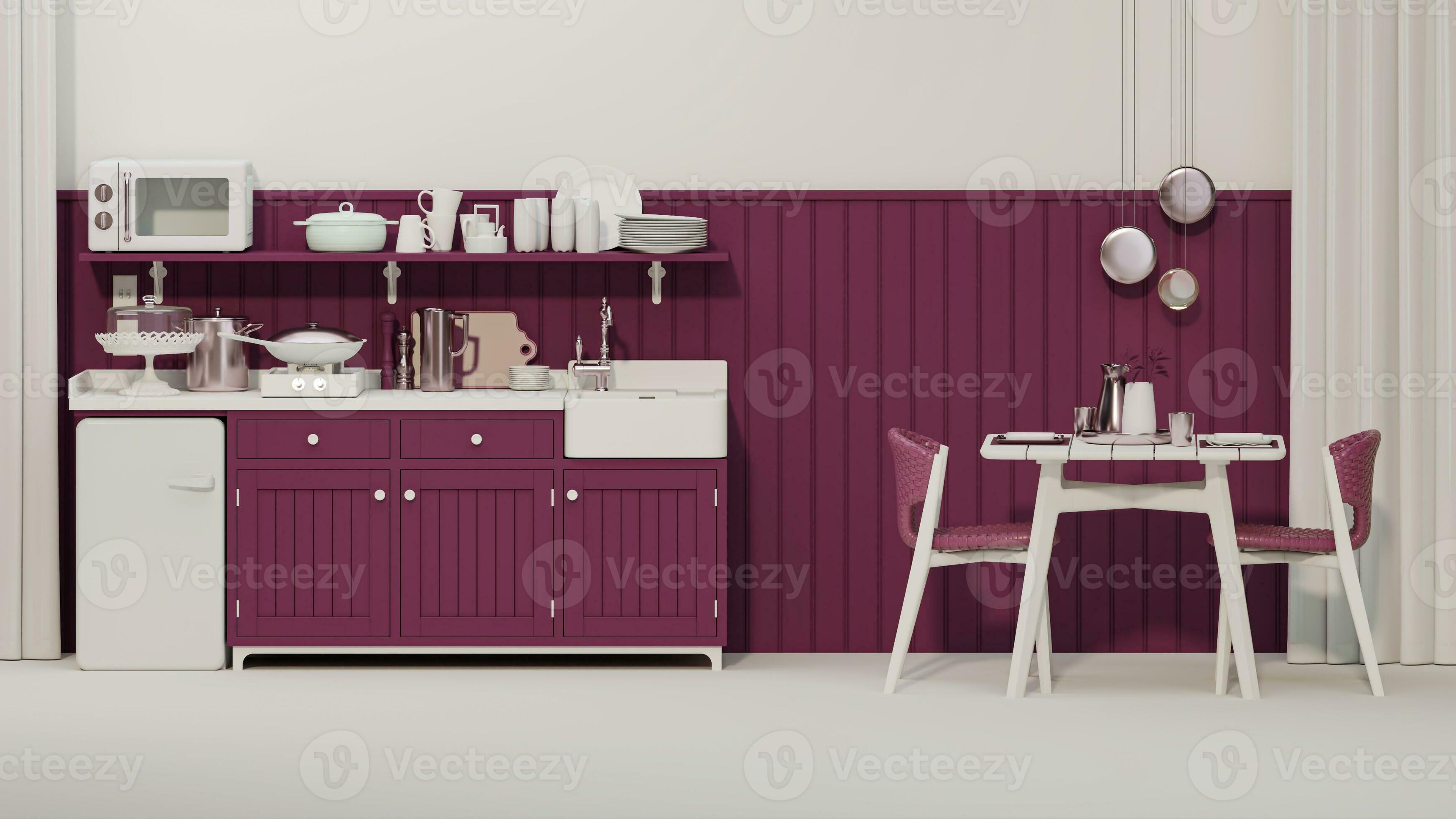 Paneles de pared viva magenta con estante de madera en una cocina moderna