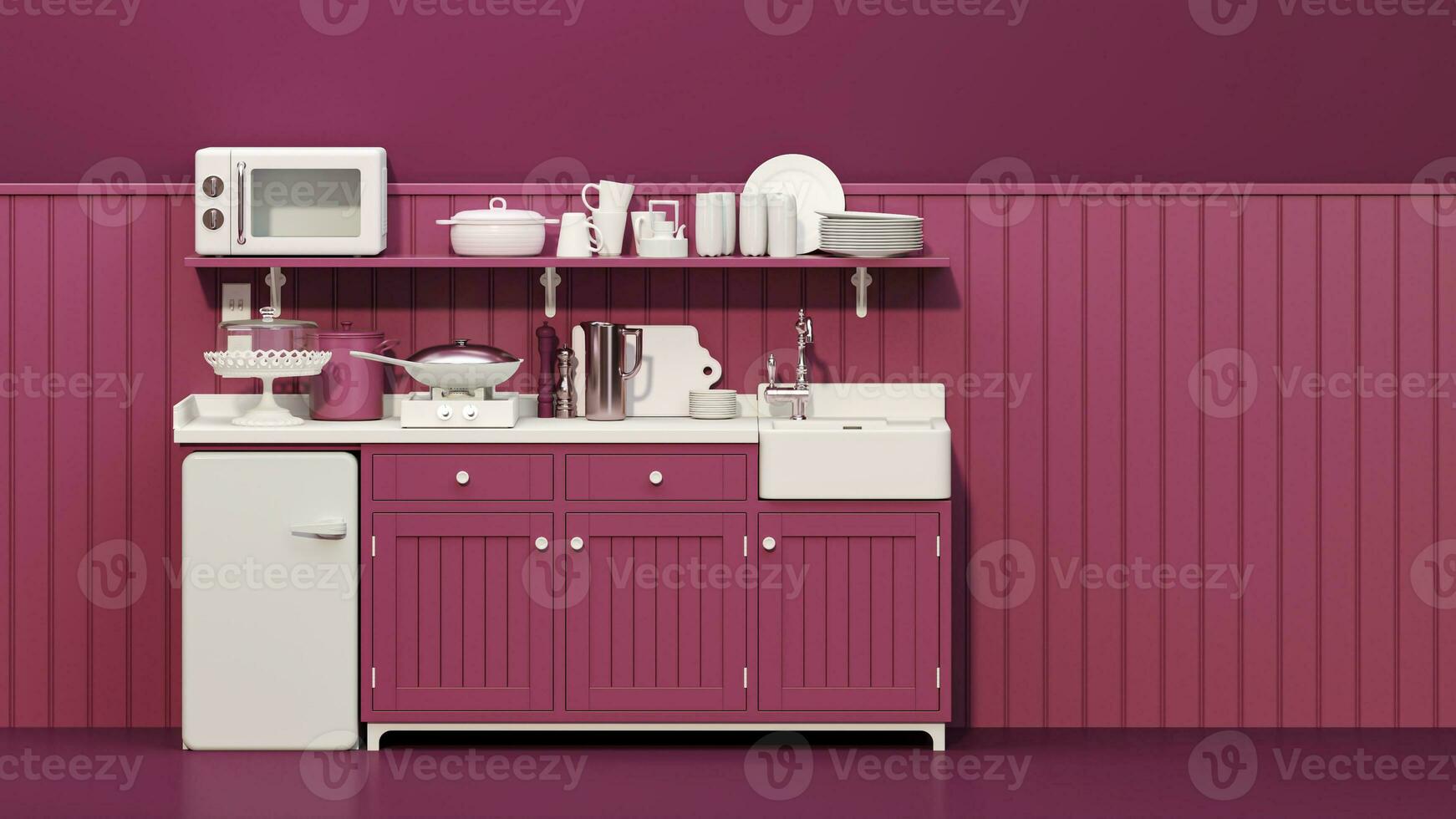 Viva magenta kitchen room and minimalist interior design. Stylish living dark pink tone room interior of modern apartment and trendy furniture Home decor, 3D render photo