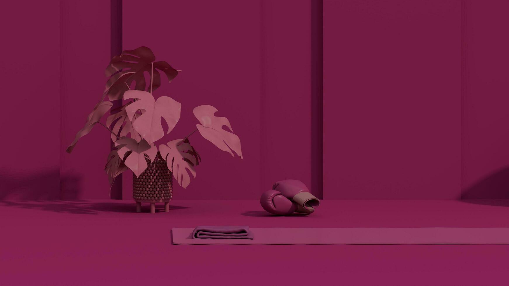 Viva magenta is a trend colour year 2023 in sport fitness equipment. Yoga mat, Laptop, Kettlebell on dark pink background. Trendy 3d render for lifting in the gym, home. photo