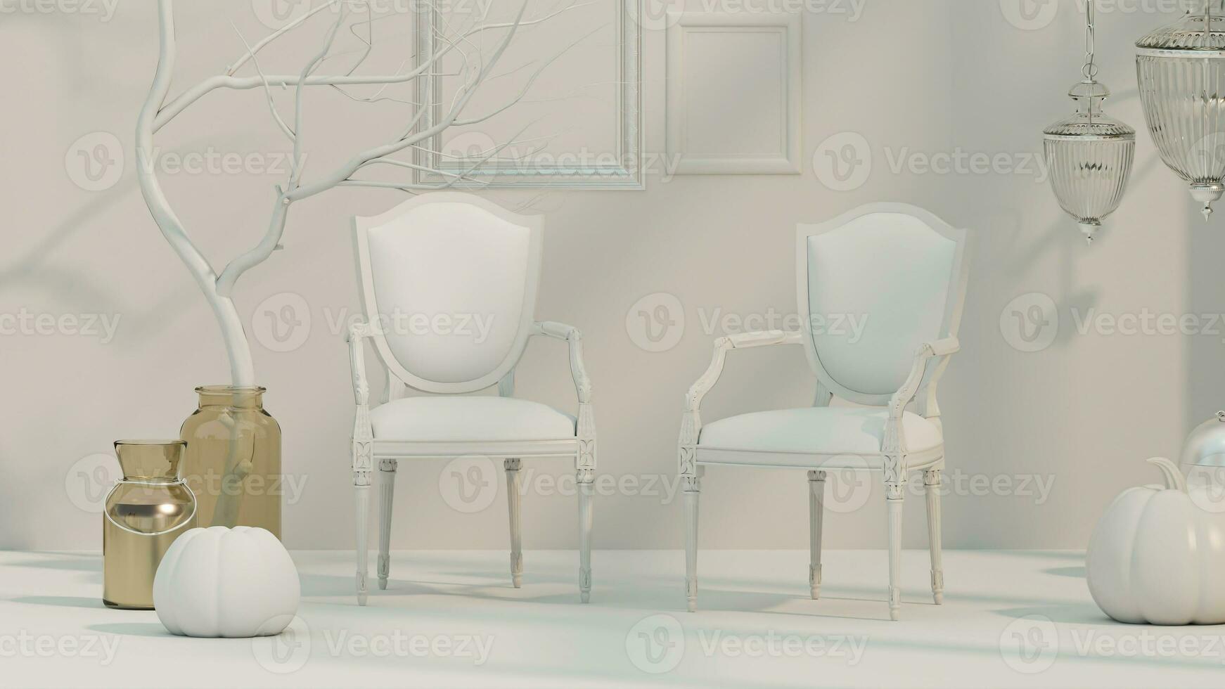 Minimal modern product display on white background.Vintage chairs,  Pumpkin and dry tree. Concept scene stage showcase for product. Frame on the wall. 3d render photo