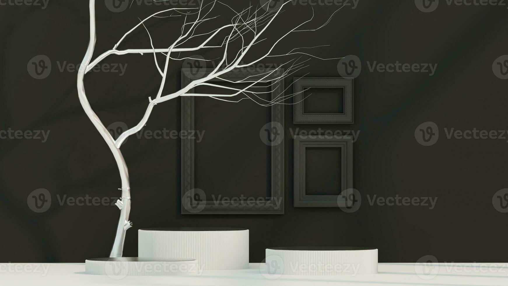 3d minimal white display podium with white dry tree, vintage frame against white background. 3d rendering of realistic presentation for product advertising. minimal illustration. photo