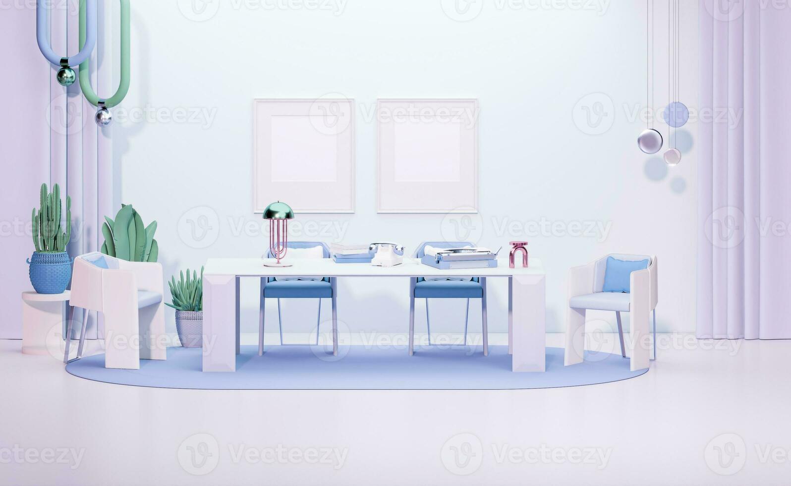 Interior design of pastel purple living room with big table, frame picture on wall , interior concept of memphis design, Concept of minimalist design. Creative idea. Mockup. 3d rendering photo