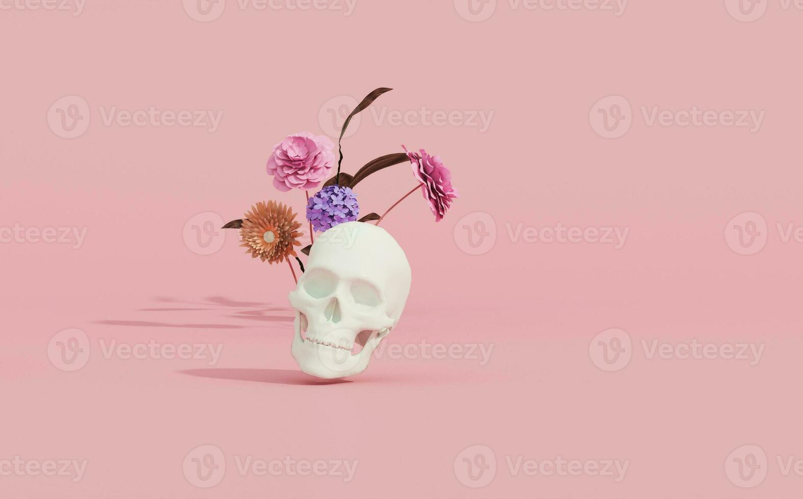 3D rendering for Day of the Dead, Dia de muertos altar concept. Composition of cute sugar skulls, podium and colorful flowers of the dead on pink background photo