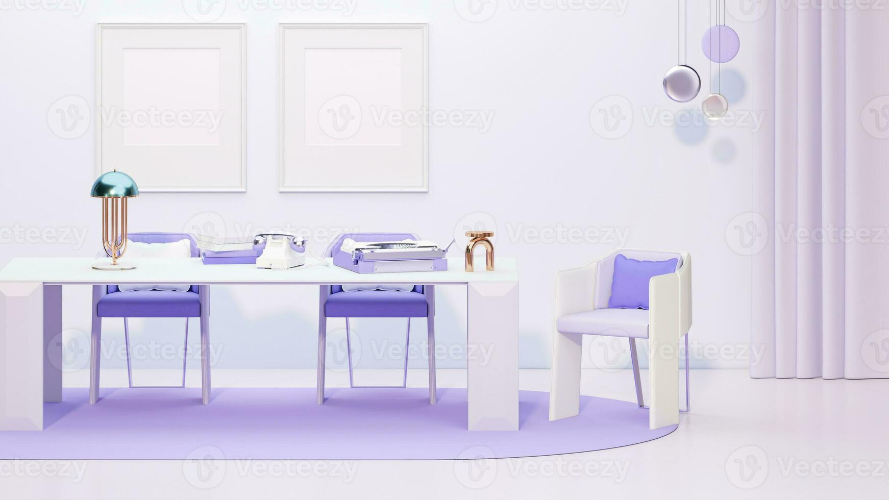 Interior design of pastel purple living room with big table, frame picture on wall , interior concept of memphis design, Concept of minimalist design. Creative idea. Mockup. 3d rendering photo