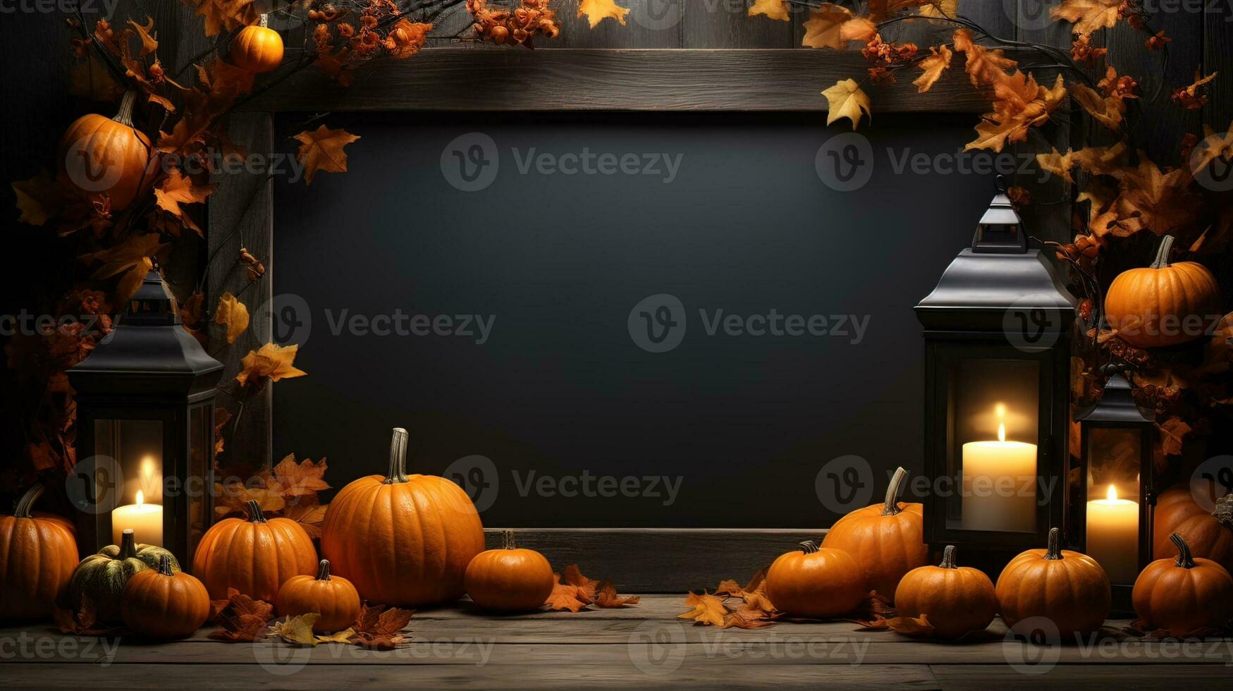 Halloween welcome signboard mockup with pumpkins, lantern and fallen leaves. Black board with autumn holiday decoration with copy space. AI Generated photo