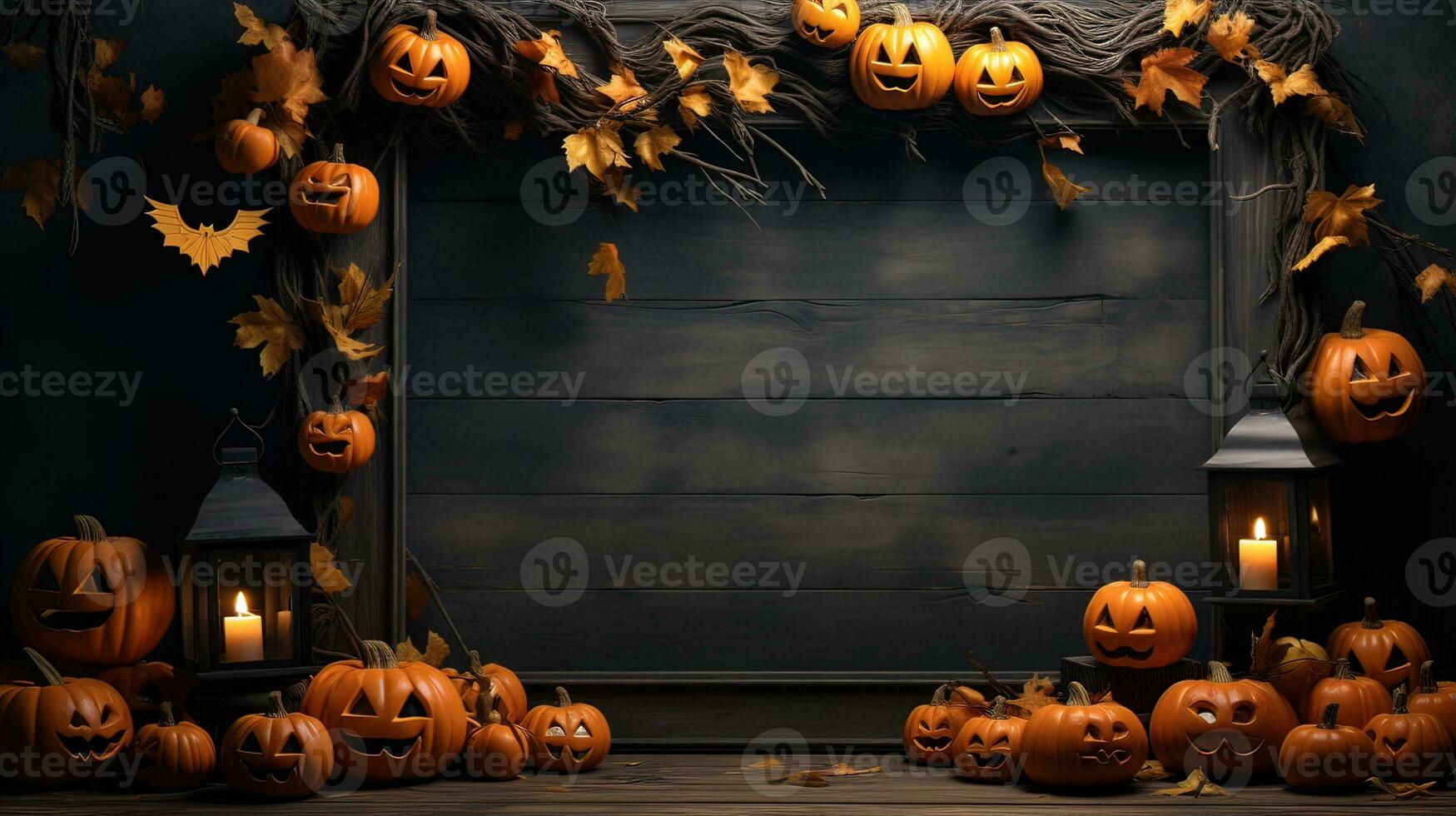 Halloween welcome signboard mockup with pumpkins, lantern and fallen leaves. Black board with autumn holiday decoration with copy space. AI Generated photo