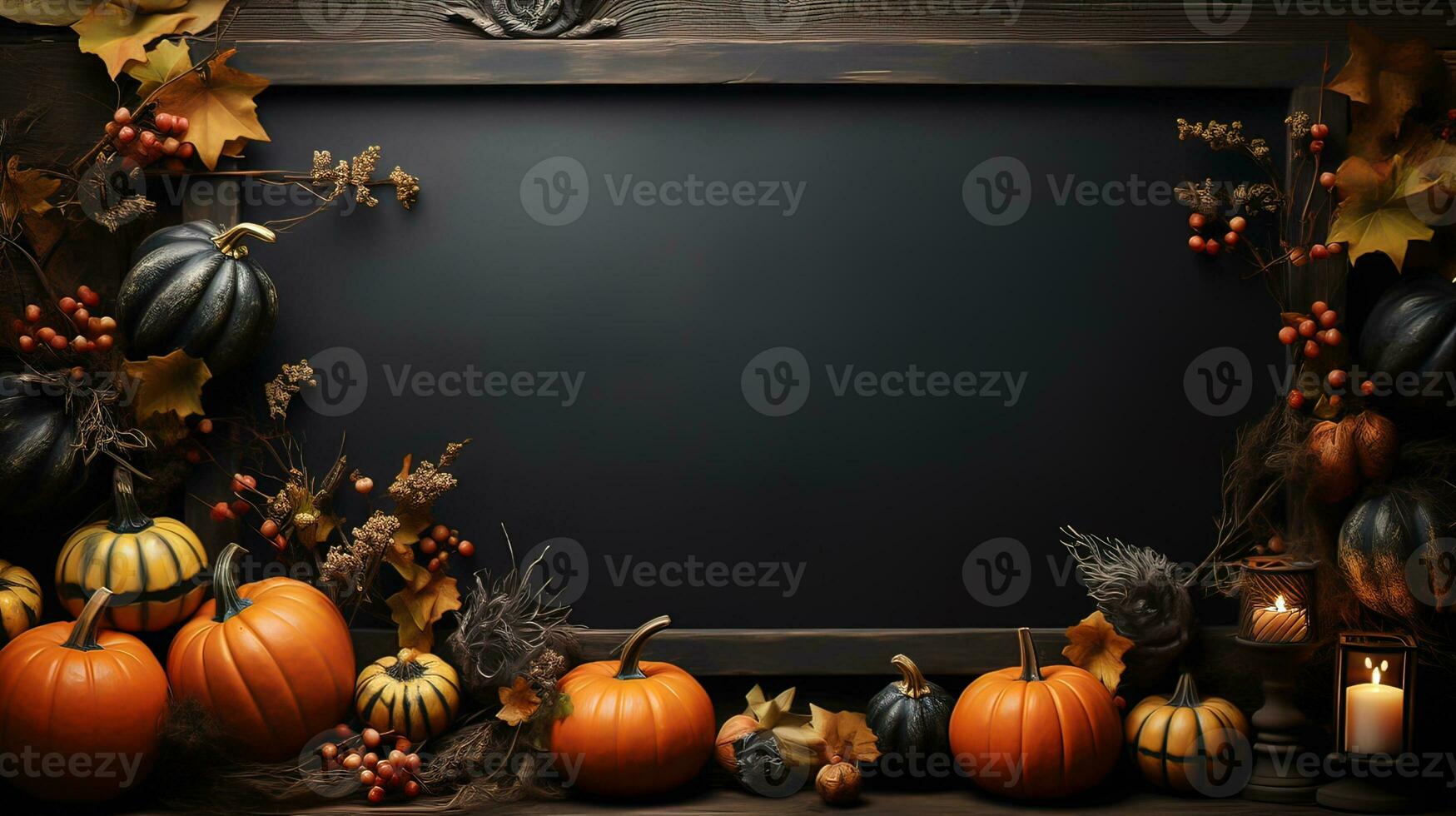 Halloween welcome signboard mockup with pumpkins, lantern and fallen leaves. Black board with autumn holiday decoration with copy space. AI Generated photo