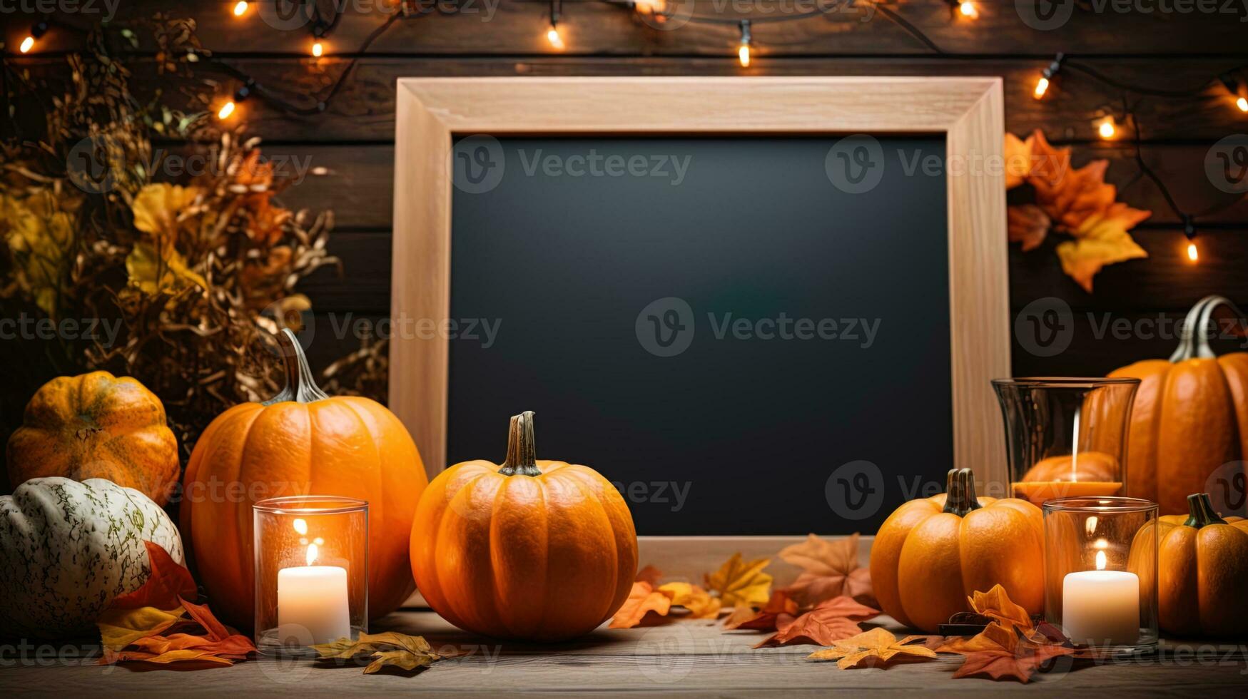 Halloween welcome signboard mockup with pumpkins, lantern and fallen leaves. Black board with autumn holiday decoration with copy space. AI Generated photo