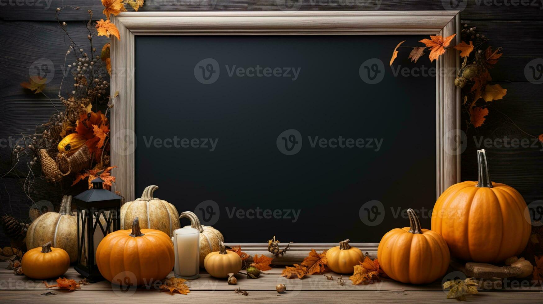 Halloween welcome signboard mockup with pumpkins, lantern and fallen leaves. Black board with autumn holiday decoration with copy space. AI Generated photo